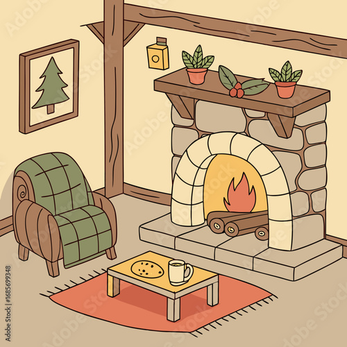 vector illustration of a old house interior with a fireplace