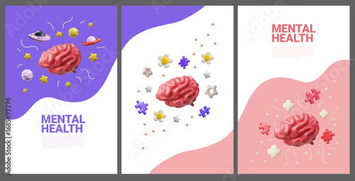 3D vector mental health poster set with brain, gear, daisy, planet, star.