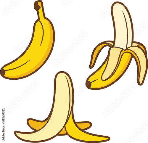 Three cartoon bananas one whole one peeled and one with peel open fruit food