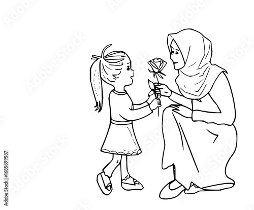 Little girl lovingly gifts a single rose to her mother wearing a hijab, a tender moment of affection