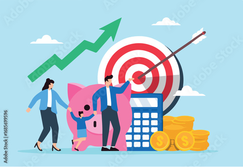 Flat illustration of family with piggy bank bullseye and calculator plan financial future