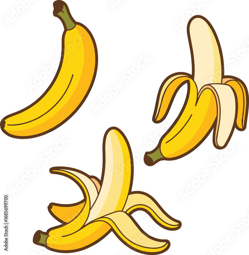 Three cartoon bananas one whole one peeled and one with peel open fruit food