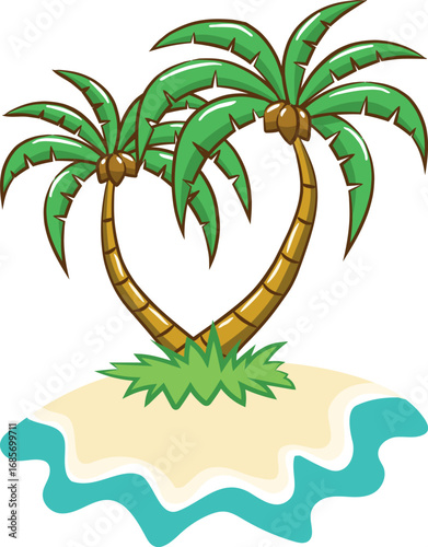 A vibrant vector illustration of a tropical island with palm trees silhouetted against a sunny sky and the ocean
