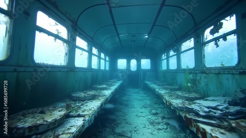 An intriguing video depicting an old, abandoned train car submerged underwater, showcasing the