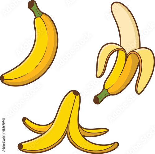 Three cartoon bananas, one whole, one peeled, and banana peels on a white background fruit food