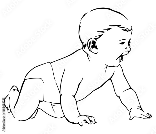 Joyful baby crawling with wide open mouth and curious expression, capturing early childhood milestones and adorable innocence