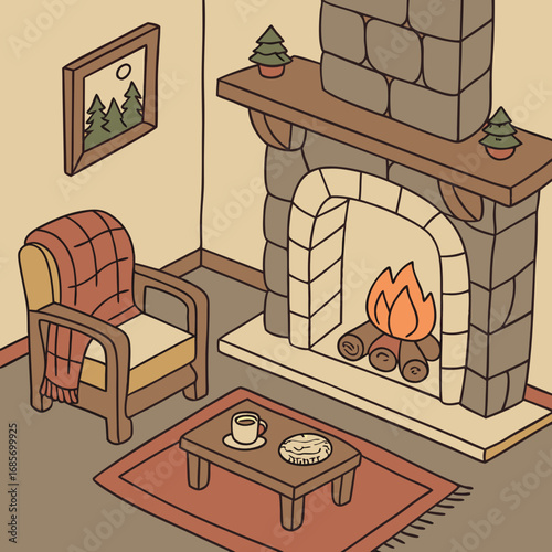 vector illustration of a old house interior with a fireplace