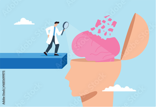 Doctor examines amnesia patient brain using magnifying glass, illustrating memory loss, dementia disorders and alzheimer disease. Concept of mental illnesses, psychology and anxiety