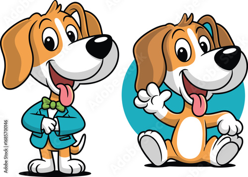 Two cartoon dogs one in a suit and bow tie and one waving puppy illustration