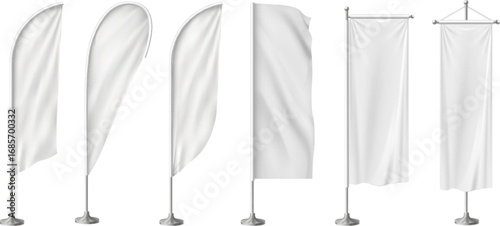 White waving flags, long pennant template vector 3d mockup set, blank of fabric canvas, pennants hanging on flagpole