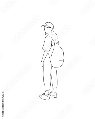 Young adventurer with backpack and cap gazes curiously backward, ready for exploration and discovery