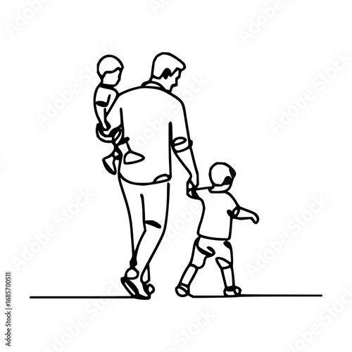 Loving father holds toddler while walking with older child, creating beautiful family moments together