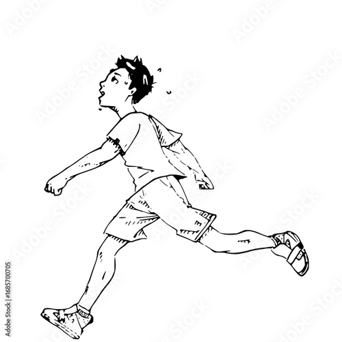 Energetic young boy running with determined expression, capturing youthful dynamism and active spirit