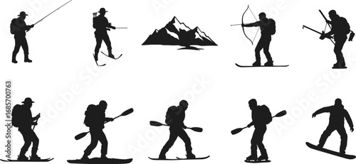 Adventure sport silhouettes, mountain hiking, kayaking, skiing, snowboarding, fishing, archery vector, outdoor exploration, wilderness travel, camping illustration