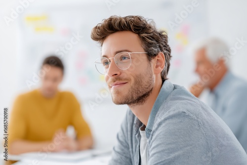 Man wearing glasses is sitting at a table with two other people