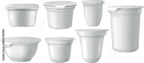 3d set of colorless mockups of plastic yogurt cups of different shapes with closed foil lids.