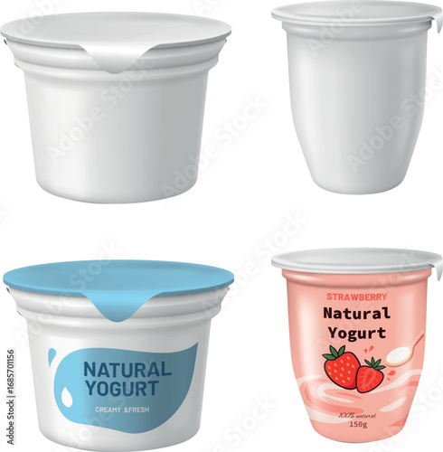 Yogurt cup mockup set with empty, white plastic container and with bright labels.