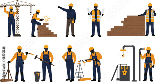 Construction workers, building site, engineers, architects, heavy equipment, teamwork, safety helmets, construction tools, project planning, industrial labor, teamwork