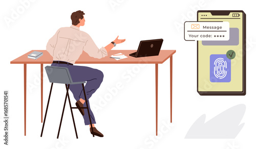 Man working on laptop at desk alongside smartphone showing two-factor authentication code and fingerprint confirmation. Ideal for security, technology, privacy, work, business, communication, access