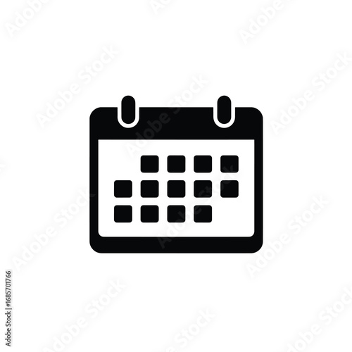 Black calendar icon with grid of squares on white background