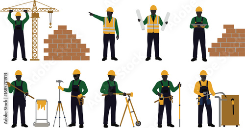 Construction workers, building site, architects, engineers, safety helmets, heavy equipment, teamwork, project planning, construction tools, labor, industrial design