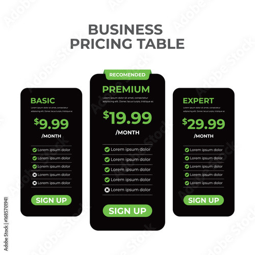 Dark Modern Pricing Table, Elegant dark theme pricing table for subscription packages
