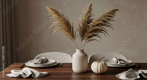 Autumnal Table Setting with Pampas Grass and Pumpkin