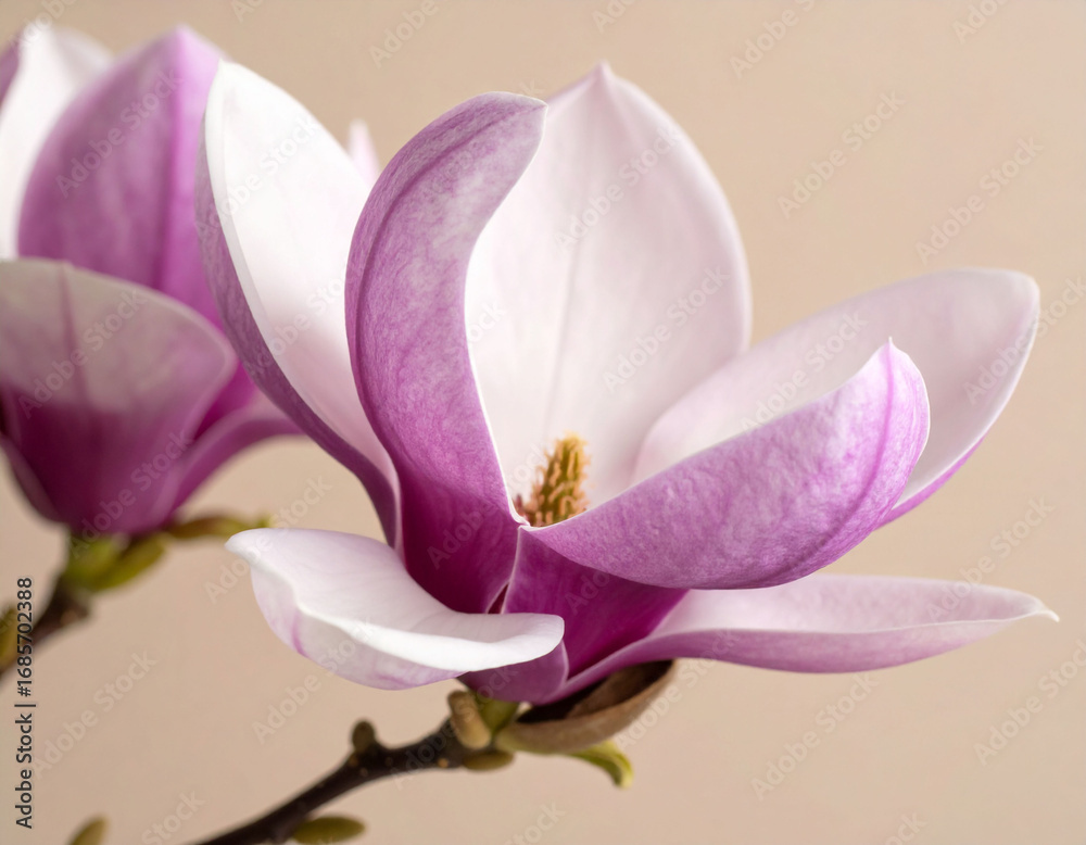 Obraz premium beautiful close-up photograph features two delicate purple magnolia flowers with soft, curving petals and prominent stamens. They are elegantly arranged on a dark branch against a serene light beige B