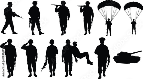Silhouette of military soldiers, army troop action, saluting, marching, carrying weapons, paratroopers, tank, battlefield, defense, warfare