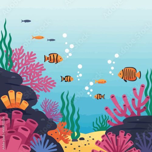 Underwater scene with coral reefs seaweed and striped fish