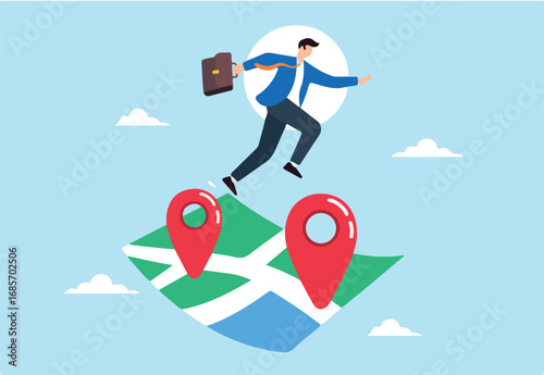 Businessman jumps from one map navigation pin to new one, illustrating business relocation. Concept of moving offices to new address or transferring to different location
