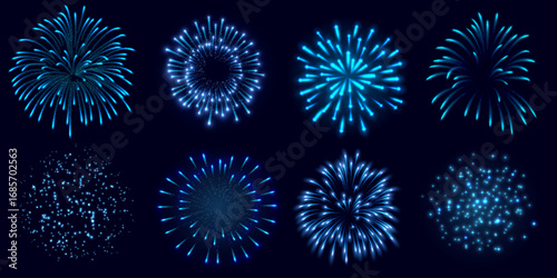 Fireworks salute with shining sparks, blue explosion festive firecracker burst, pyrotechnic rocket fire vector set