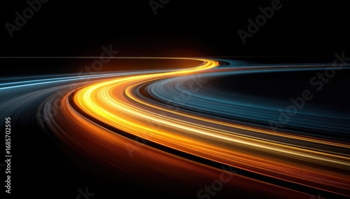 A curving road of light streaks,  dynamic and abstract