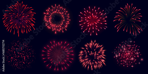 Vector set of firework explosion, red color, different shapes, with sparks, splashes, particles.