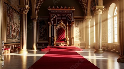 Grand throne room interior with red carpet and light rays passing through windows, medieval concept animation