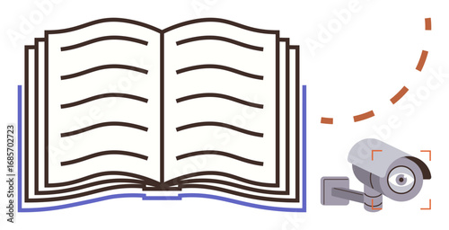 Open book with visible pages next to a security camera. Ideal for education, privacy, surveillance, data protection, knowledge sharing, intellectual property, and control. Simple flat metaphor