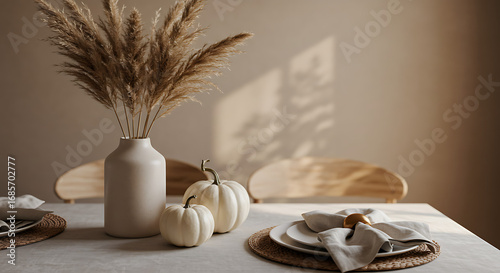 Autumnal Table Setting with Pumpkins and Pampas Grass in Soft Light