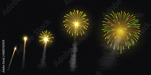 Vector realistic firework illustration, with launch, fiery smoke trail, explosion.