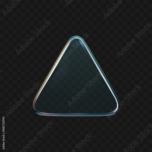 3D crystal glass triangle with refraction and iridescent effects isolated on dark background. Render transparent rotating glass prism with neon dispersion light and rainbow gradient. 3d vector figure