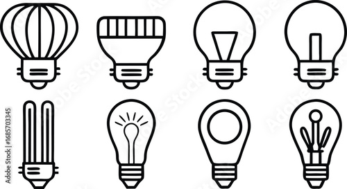 Collection of diverse light bulb icons representing energy and innovation