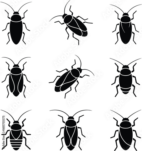 Cockroach Insect Black Silhouette Icon Vector Set Pest Control Cockroach Silhouette Design Symbol Collection