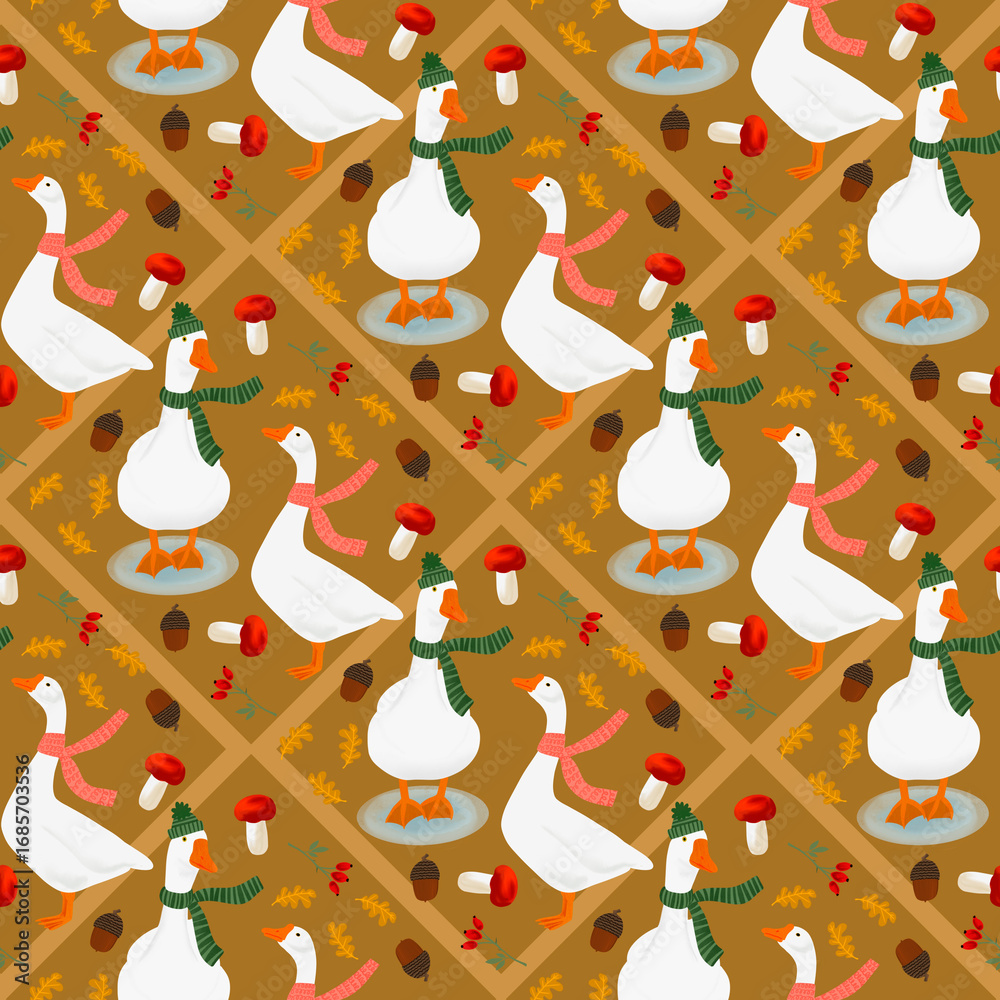 Naklejka premium Seamless autumn pattern with geese in scarves and hats, surrounded by acorns, mushrooms, twigs, and leaves. Repeating Autumn background. Charming seasonal design for fabrics, kids products, and decor.