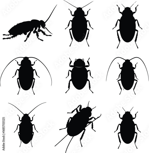 Cockroach Insect Black Silhouette Icon Vector Set Pest Control Cockroach Silhouette Design Symbol Collection
