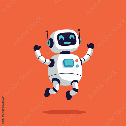 Cartoon robot with arms up jumping on an orange background