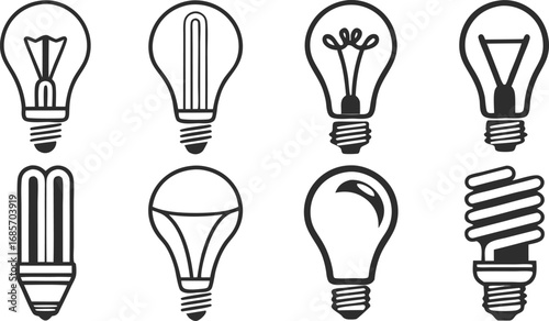 Collection of diverse light bulb icons representing energy and innovation