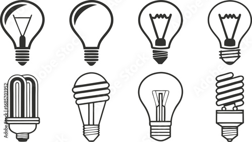 Collection of diverse light bulb icons representing energy and innovation