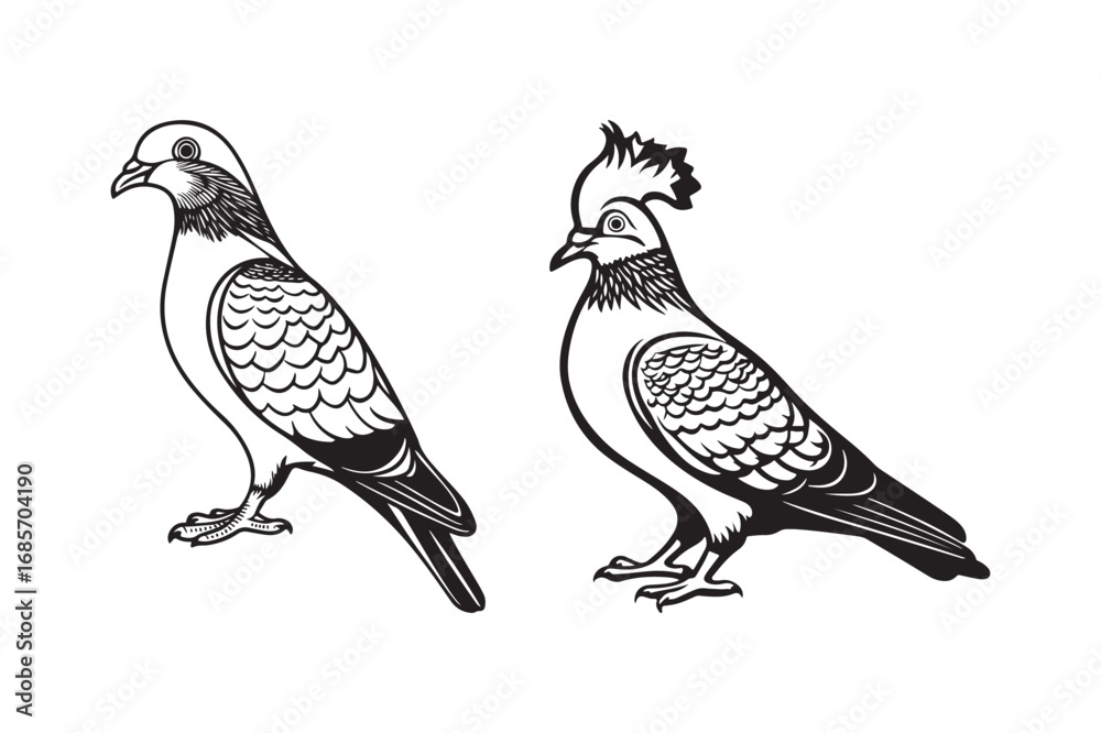 Obraz premium Two pigeons drawn in a vintage sketch style