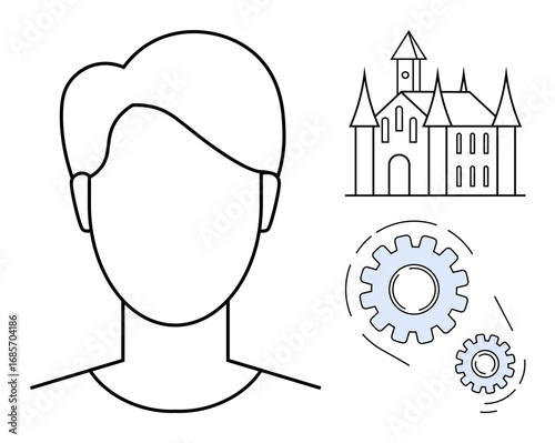 Minimal outline of a human face, a medieval castle with pointed towers, and two rotating gears. Ideal for creativity, teamwork, imagination, innovation, strategy history problem-solving. Simple