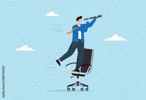 Businessman rides office chair while using telescope to see future, illustrating career foresight and vision. Concept of seeking out new job opportunities and pathways to success in workplace