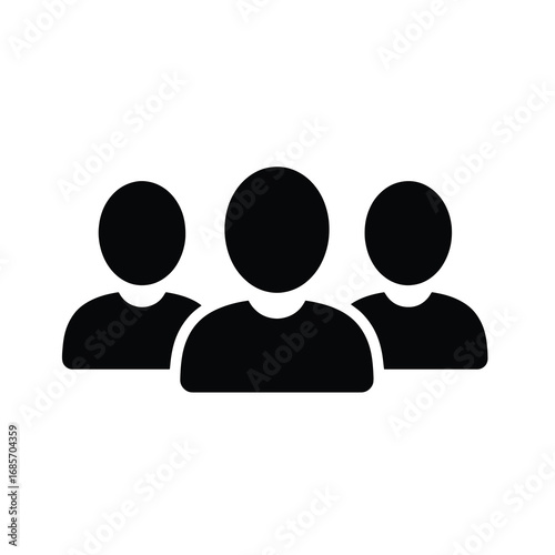 A black icon of three stylized human figures in a row on a white background